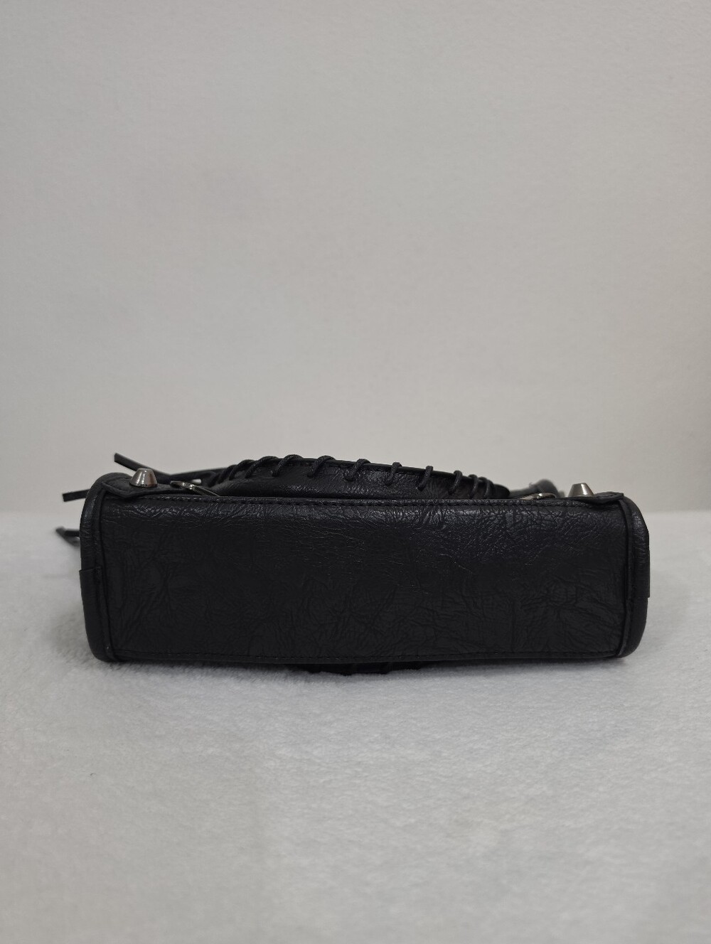 Faux Leather Mini Y2K Silver Studded Crossbody Bag with Long Tassels in Black - Picture 6 of 13